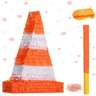 Traffic Cone Piata Orange Cone Piata Includes Stick Blindfold Confetti Construction Theme Party Supplies for Kids Birthday Party Decor, 15.8 x 9.5 x 3.2 Inches