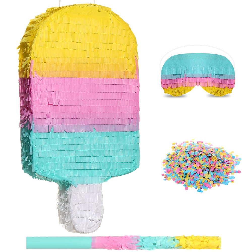 Ice Cream Piata Includes Stick Blindfold Confetti Summer Piata Ice Cream Sweet Party Supplies for Kids Birthday Party Decor, 16.1 x 7.9 x 3.2 Inches