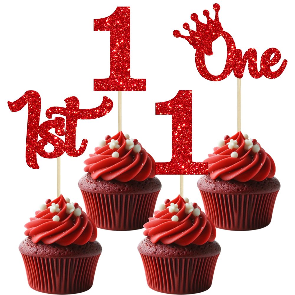 24Pcs 1st Birthday Cupcake Toppers Glitter First Birthday One Cupcake Picks for Baby Shower 1st Birthday Party Cake Decorations Supplies Red