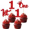 24Pcs 1st Birthday Cupcake Toppers Glitter First Birthday One Cupcake Picks for Baby Shower 1st Birthday Party Cake Decorations Supplies Red view 1