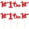 24Pcs 1st Birthday Cupcake Toppers Glitter First Birthday One Cupcake Picks for Baby Shower 1st Birthday Party Cake Decorations Supplies Red view 3