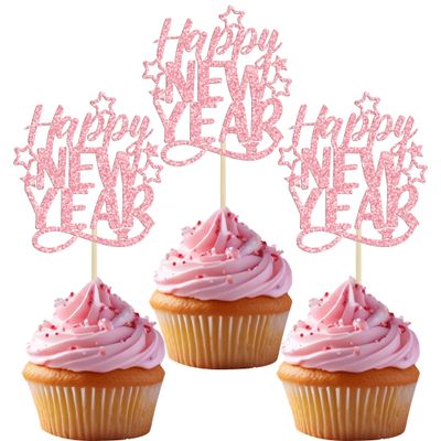 24Pcs Glitter Happy New Year Cupcake Toppers 2026 Hello 2026 Welcome to 2026 Happy New Year Cake Picks Decorations for Holiday Theme Party Supplies Rose Gold