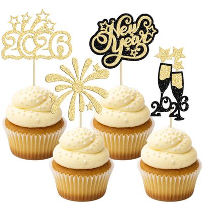 24Pcs 2026 Happy New Year Cupcake Topper Gold Glitter Hello 2026 Cupcake Toppers Cheers to 2026 Champagne Cupcake Topper Firework Cake Picks for New Year Eve Party Decor Supplies