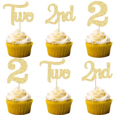 24Pcs 2nd Birthday Cupcake Toppers Glitter Second Birthday Two Cupcake Picks for Baby Shower 2nd Birthday Anniversary Party Cake Decorations Supplies Gold