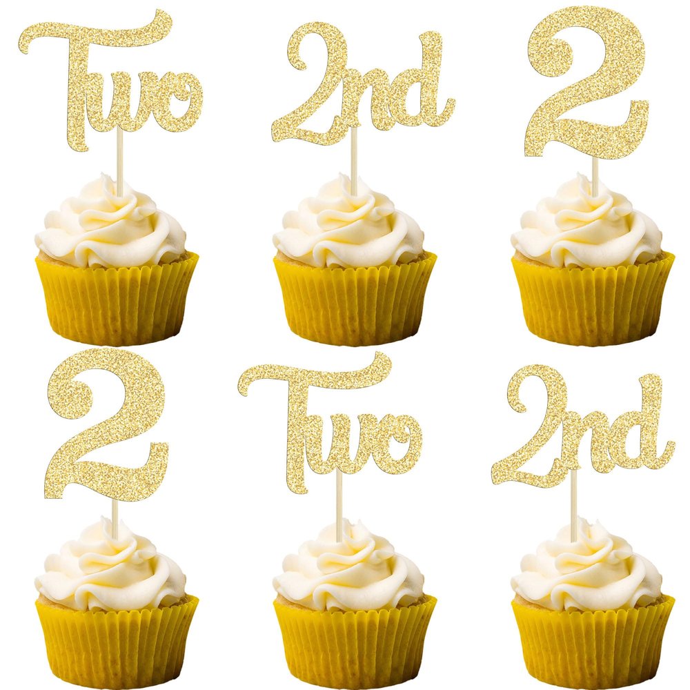 24Pcs 2nd Birthday Cupcake Toppers Glitter Second Birthday Two Cupcake Picks for Baby Shower 2nd Birthday Anniversary Party Cake Decorations Supplies Gold