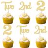 24Pcs 2nd Birthday Cupcake Toppers Glitter Second Birthday Two Cupcake Picks for Baby Shower 2nd Birthday Anniversary Party Cake Decorations Supplies Gold view 1