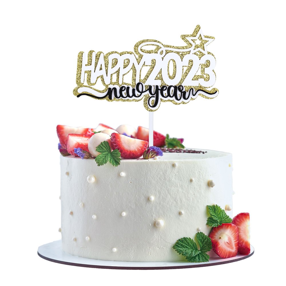 1Pc New Year Cake Topper 2023 Star Glitter Hello Welcome Happy New Year Cake Picks Decorations for 2023 Holiday Theme Party Supplies