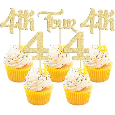 24Pcs 4th Birthday Cupcake Toppers Glitter Fourth Birthday Two Cupcake Picks for Baby Shower 4th Birthday Anniversary Party Cake Decorations Supplies Gold