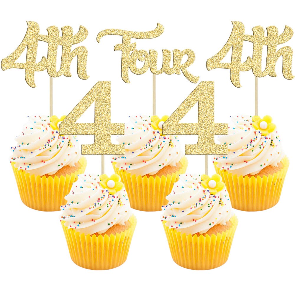 24Pcs 4th Birthday Cupcake Toppers Glitter Fourth Birthday Two Cupcake Picks for Baby Shower 4th Birthday Anniversary Party Cake Decorations Supplies Gold