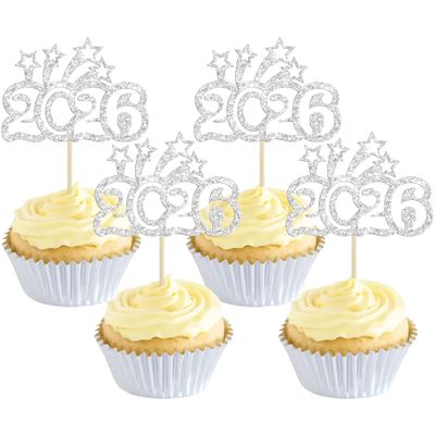 24Pcs 2026 Happy New Year Cupcake Topper Silver Glitter Welcome to 2026 Cupcake Toppers Cheers to 2026 Cake Pick Decorations for 2026 New Year Eve Party Decor Supplies