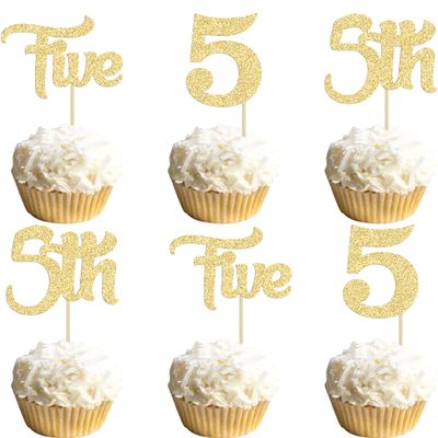 24Pcs 5th Birthday Cupcake Toppers Glitter Fifth Birthday Five Cupcake Picks for Baby Shower 5th Birthday Anniversary Party Cake Decorations Supplies Gold