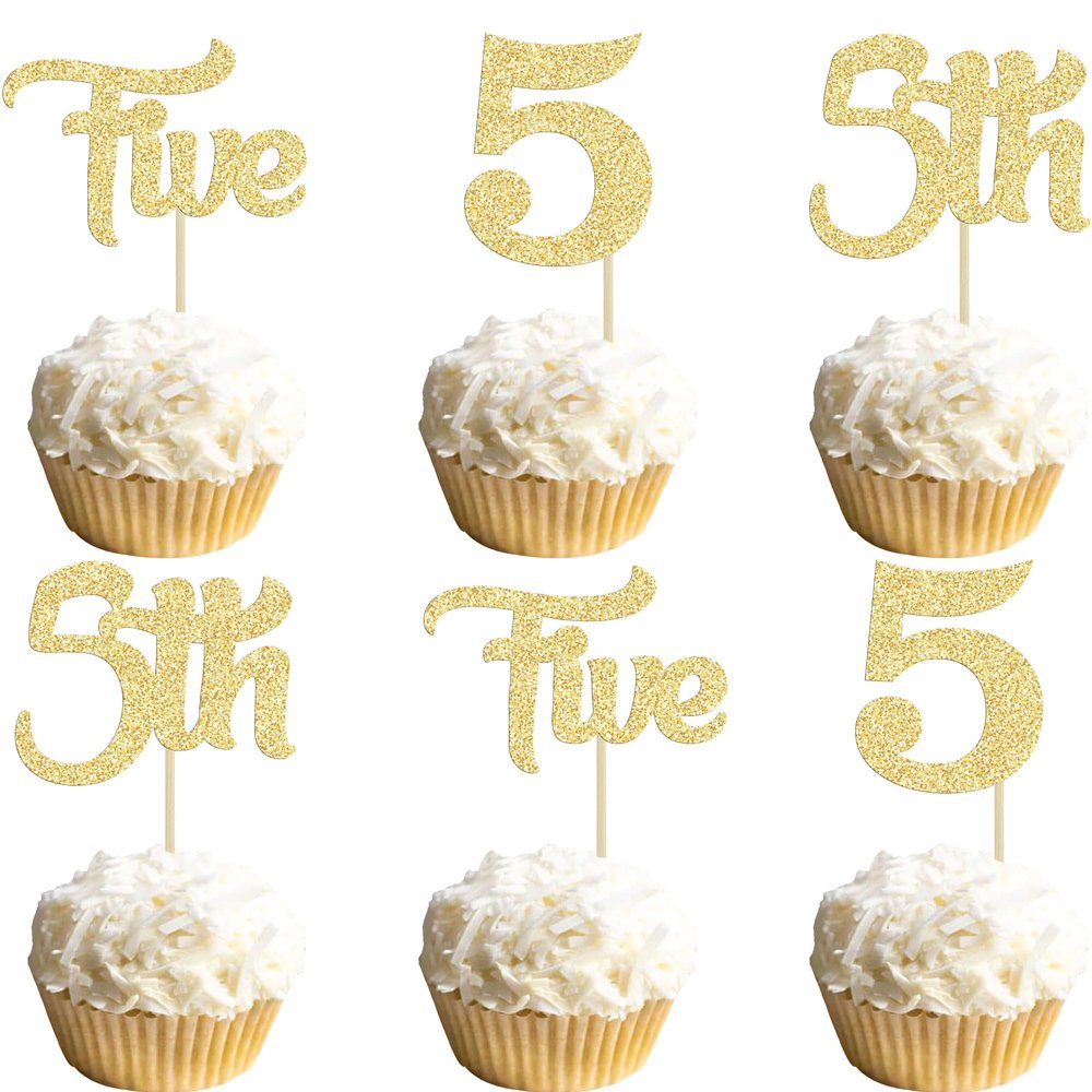 24Pcs 5th Birthday Cupcake Toppers Glitter Fifth Birthday Five Cupcake Picks for Baby Shower 5th Birthday Anniversary Party Cake Decorations Supplies Gold