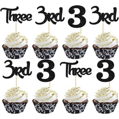 24Pcs 3rd Birthday Cupcake Toppers Glitter Third Three Picks for Baby Shower Anniversary Party Cake Decorations Supplies Black