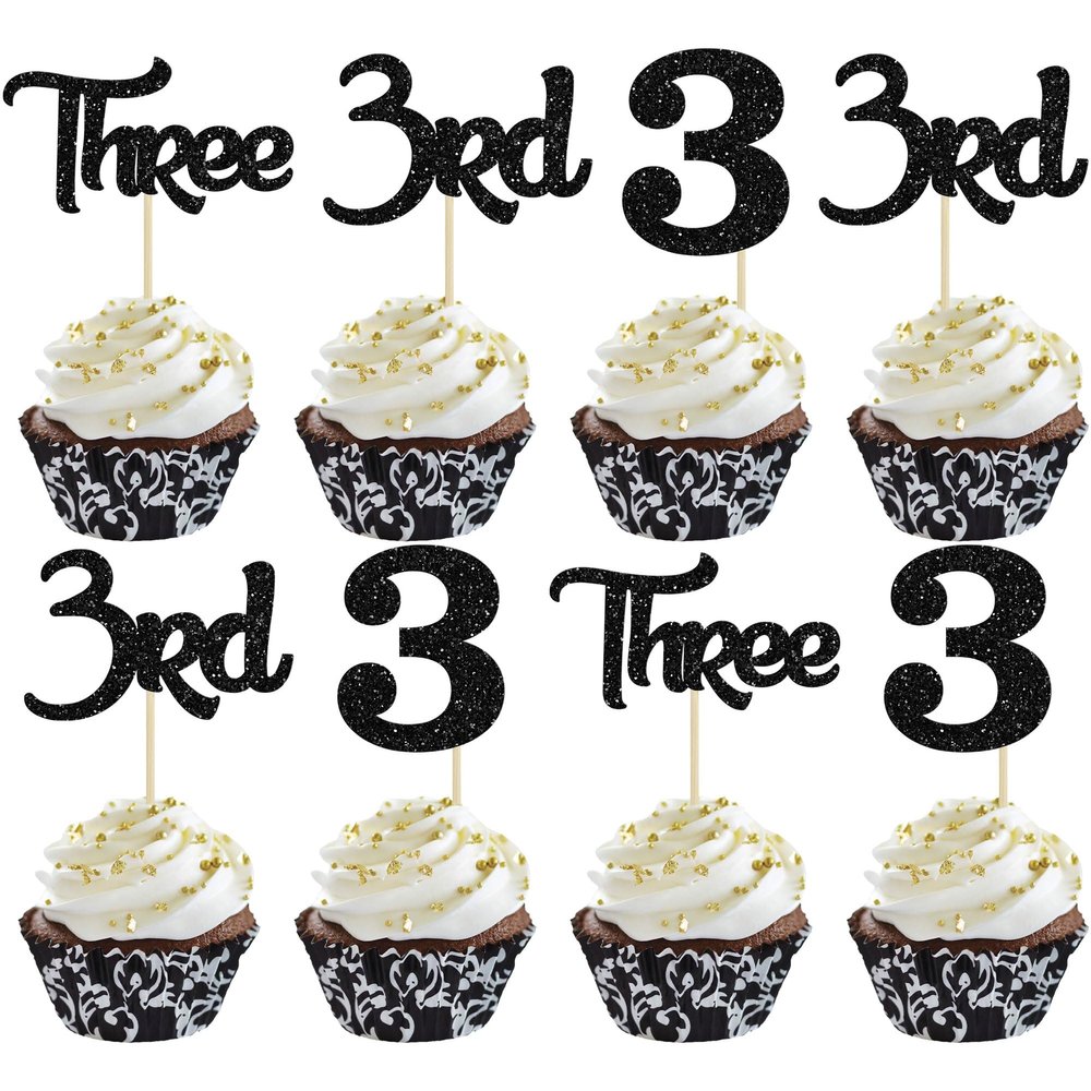 24Pcs 3rd Birthday Cupcake Toppers Glitter Third Three Picks for Baby Shower Anniversary Party Cake Decorations Supplies Black