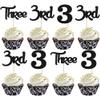 24Pcs 3rd Birthday Cupcake Toppers Glitter Third Three Picks for Baby Shower Anniversary Party Cake Decorations Supplies Black view 1