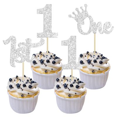 24Pcs One Cupcake Toppers Glitter 1st Birthday Cupcake Pick Decorations for Baby Shower First Birthday Party Cake Decorations Supplies Silver