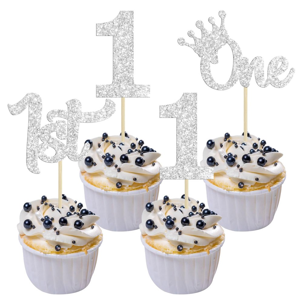 24Pcs One Cupcake Toppers Glitter 1st Birthday Cupcake Pick Decorations for Baby Shower First Birthday Party Cake Decorations Supplies Silver