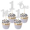 24Pcs One Cupcake Toppers Glitter 1st Birthday Cupcake Pick Decorations for Baby Shower First Birthday Party Cake Decorations Supplies Silver view 1