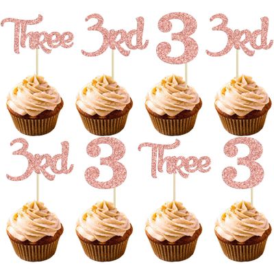 24 Pack Three Cupcake Toppers Glitter 3rd Birthday Cupcake Picks for Baby Shower Third Birthday Party Cake Decorations Supplies Rose Gold