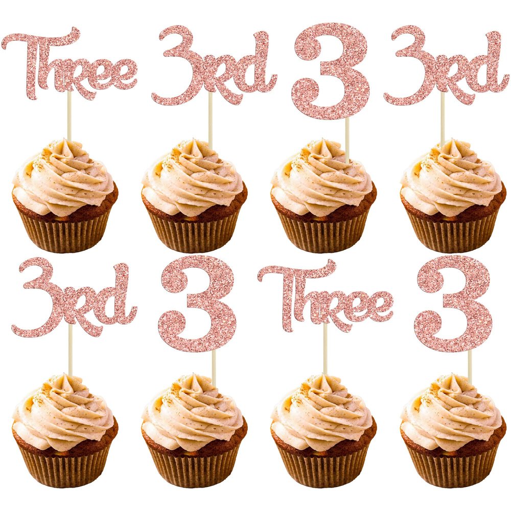 24 Pack Three Cupcake Toppers Glitter 3rd Birthday Cupcake Picks for Baby Shower Third Birthday Party Cake Decorations Supplies Rose Gold