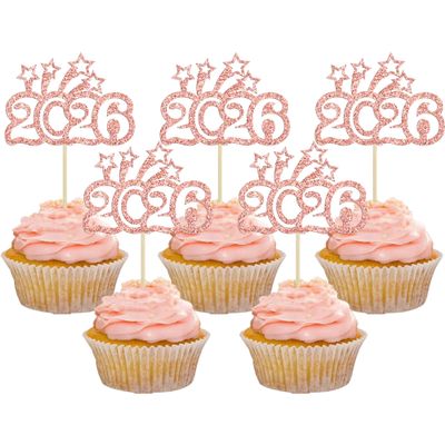 24Pcs Happy New Year Cupcake Topper 2026 Glitter Welcome to 2026 Cupcake Toppers Cheers to 2026 Cake Pick Decorations for 2026 New Year Eve Party Decor Supplies Rose Gold