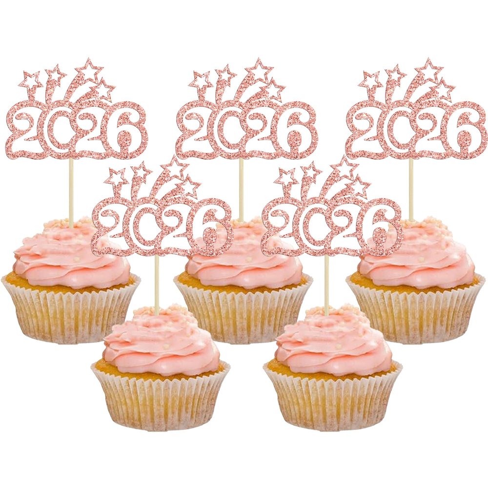 24Pcs Happy New Year Cupcake Topper 2026 Glitter Welcome to 2026 Cupcake Toppers Cheers to 2026 Cake Pick Decorations for 2026 New Year Eve Party Decor Supplies Rose Gold