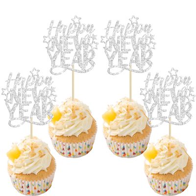 24Pcs Glitter Happy New Year Cupcake Toppers Hello 2026 Welcome to 2026 Happy New Year Cake Picks Decorations for 2026 Holiday Theme Party Supplies Silver