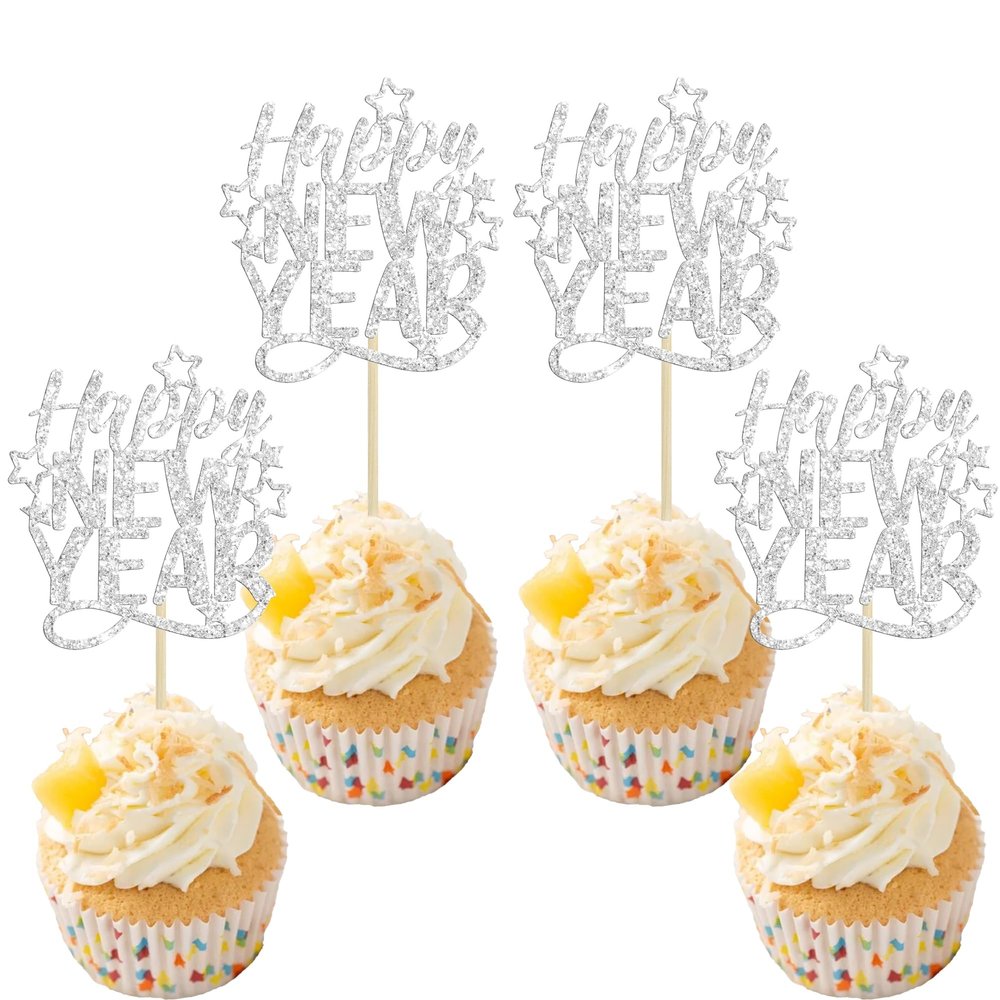 24Pcs Glitter Happy New Year Cupcake Toppers Hello 2026 Welcome to 2026 Happy New Year Cake Picks Decorations for 2026 Holiday Theme Party Supplies Silver