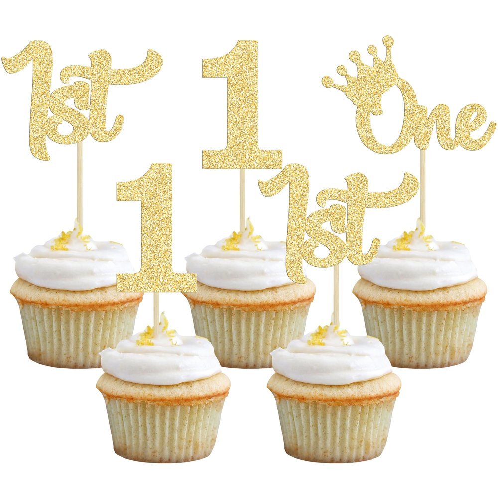 24Pcs 1st Birthday Cupcake Toppers Glitter First Birthday One Cupcake Picks for Baby Shower 1st Birthday Party Cake Decorations Supplies Gold
