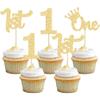 24Pcs 1st Birthday Cupcake Toppers Glitter First Birthday One Cupcake Picks for Baby Shower 1st Birthday Party Cake Decorations Supplies Gold view 1