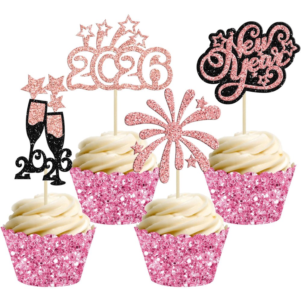 24Pcs 2026 Happy New Year Cupcake Topper Rose Gold Glitter Hello 2026 Cupcake Toppers Cheers to 2026 Champagne Cupcake Topper Firework Cake Picks for New Year Eve Party Decor Supplies