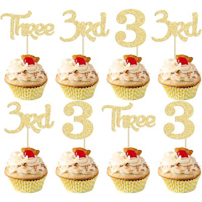 24 Pack 3rd Birthday Cupcake Toppers Glitter Third Birthday Three Cupcake Picks for Baby Shower 3rd Birthday Anniversary Party Cake Decorations Supplies Gold