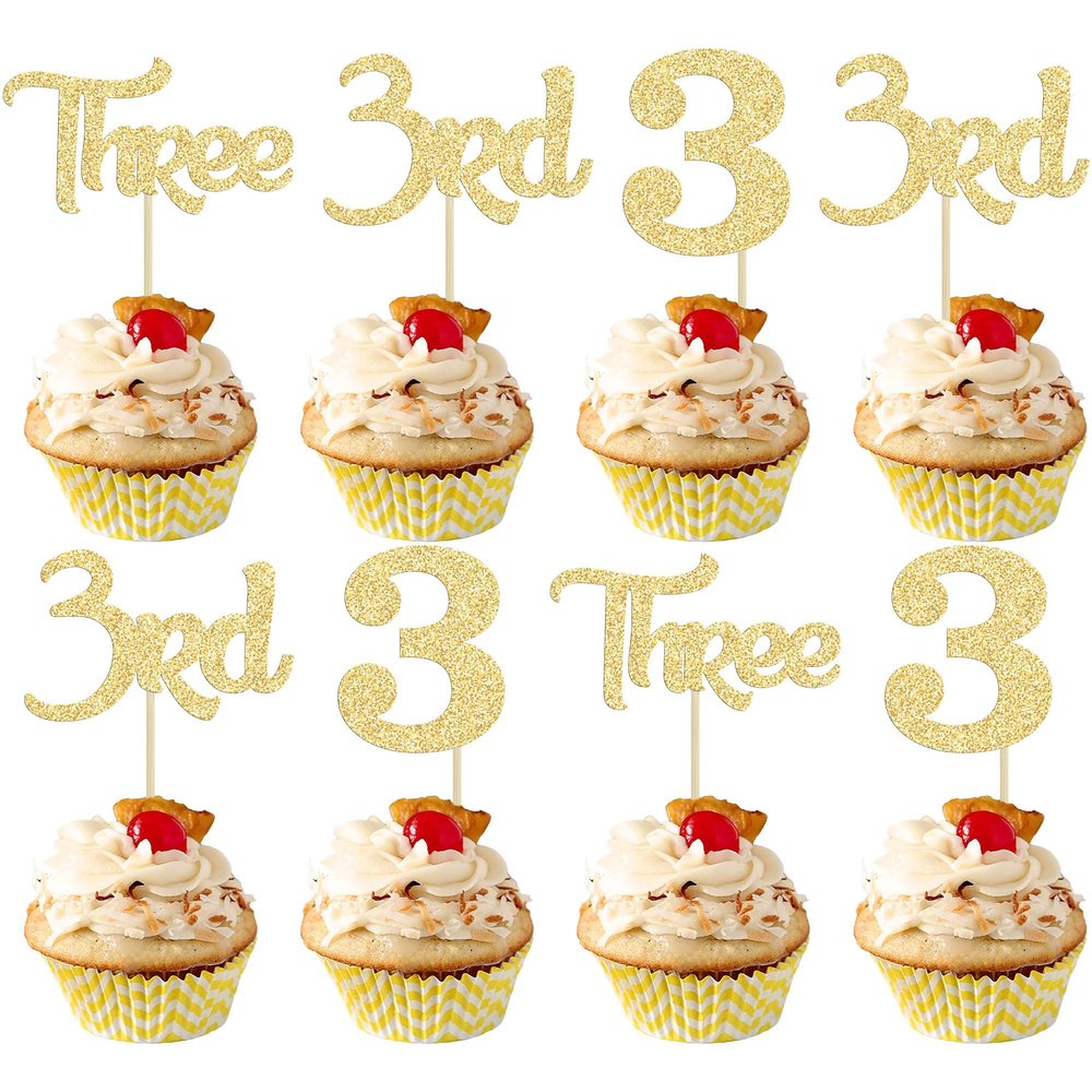 24 Pack 3rd Birthday Cupcake Toppers Glitter Third Birthday Three Cupcake Picks for Baby Shower 3rd Birthday Anniversary Party Cake Decorations Supplies Gold