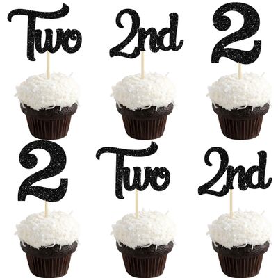 24Pcs Two Cupcake Toppers Glitter 2nd Birthday Cupcake Pick Decorations for Baby Shower Second Birthday Party Cake Decorations Supplies Black