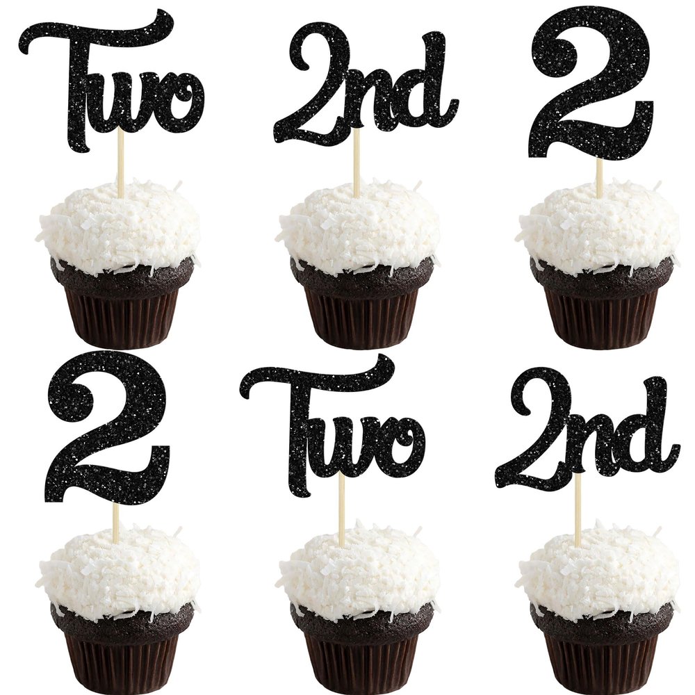 24Pcs Two Cupcake Toppers Glitter 2nd Birthday Cupcake Pick Decorations for Baby Shower Second Birthday Party Cake Decorations Supplies Black
