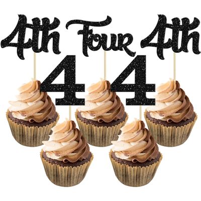 24Pcs Four Cupcake Toppers Glitter 4th Birthday Cupcake Pick Decorations for Baby Shower 4th Birthday Party Cake Decorations Supplies Black