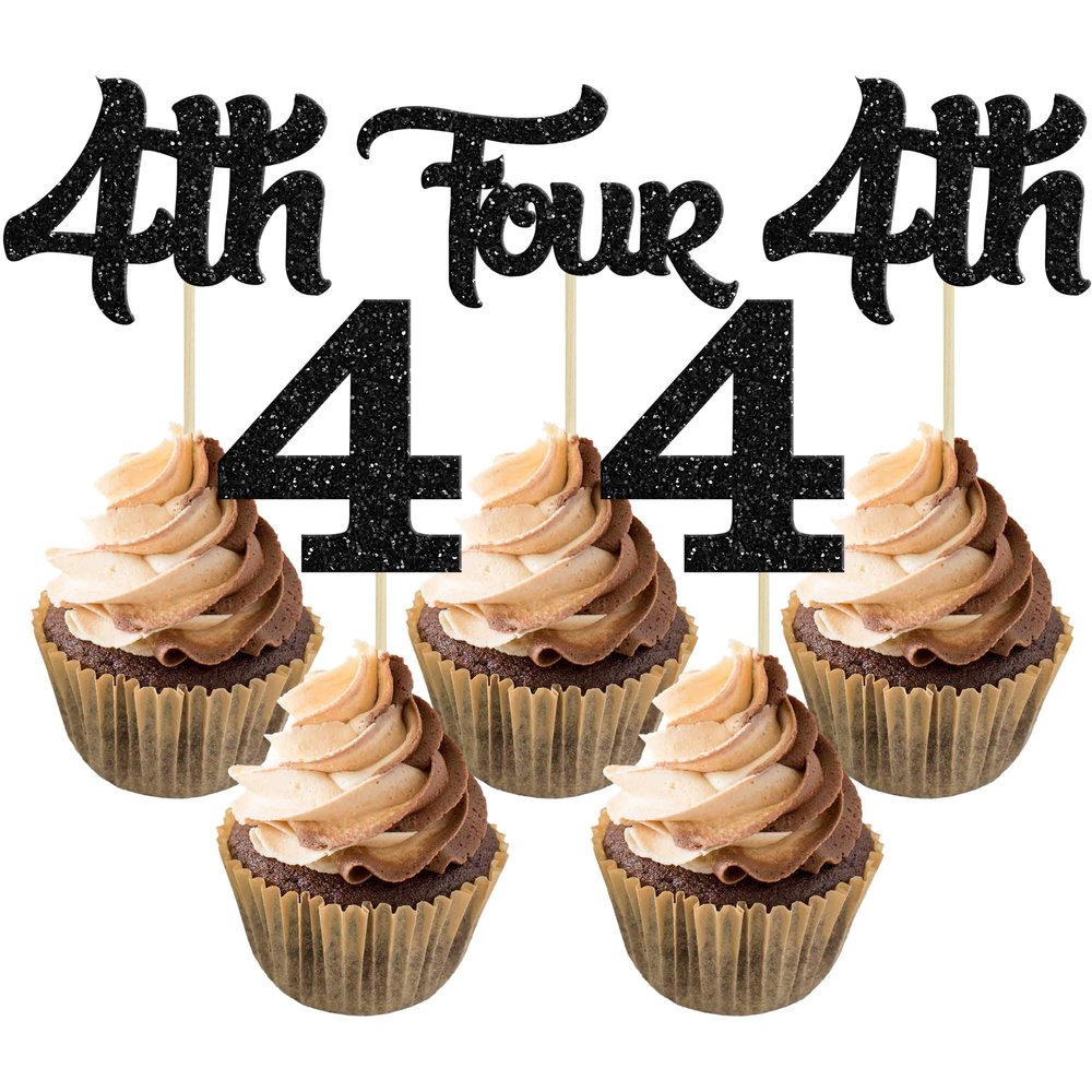 24Pcs Four Cupcake Toppers Glitter 4th Birthday Cupcake Pick Decorations for Baby Shower 4th Birthday Party Cake Decorations Supplies Black