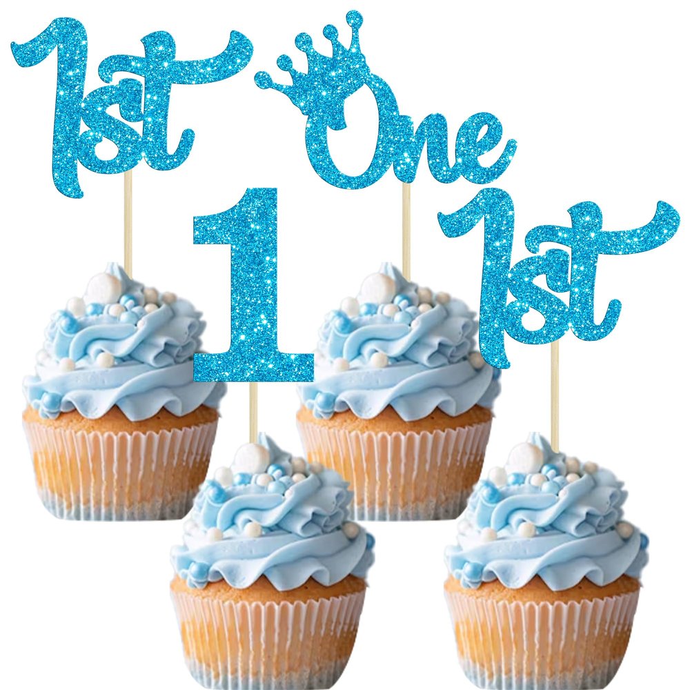 24Pcs 1st Birthday Cupcake Toppers Glitter First Birthday Cake Decorations One Cupcake Picks for Kids Baby Shower 1st Birthday Party Cake Decorations Supplies Blue