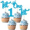 24Pcs 1st Birthday Cupcake Toppers Glitter First Birthday Cake Decorations One Cupcake Picks for Kids Baby Shower 1st Birthday Party Cake Decorations Supplies Blue view 1