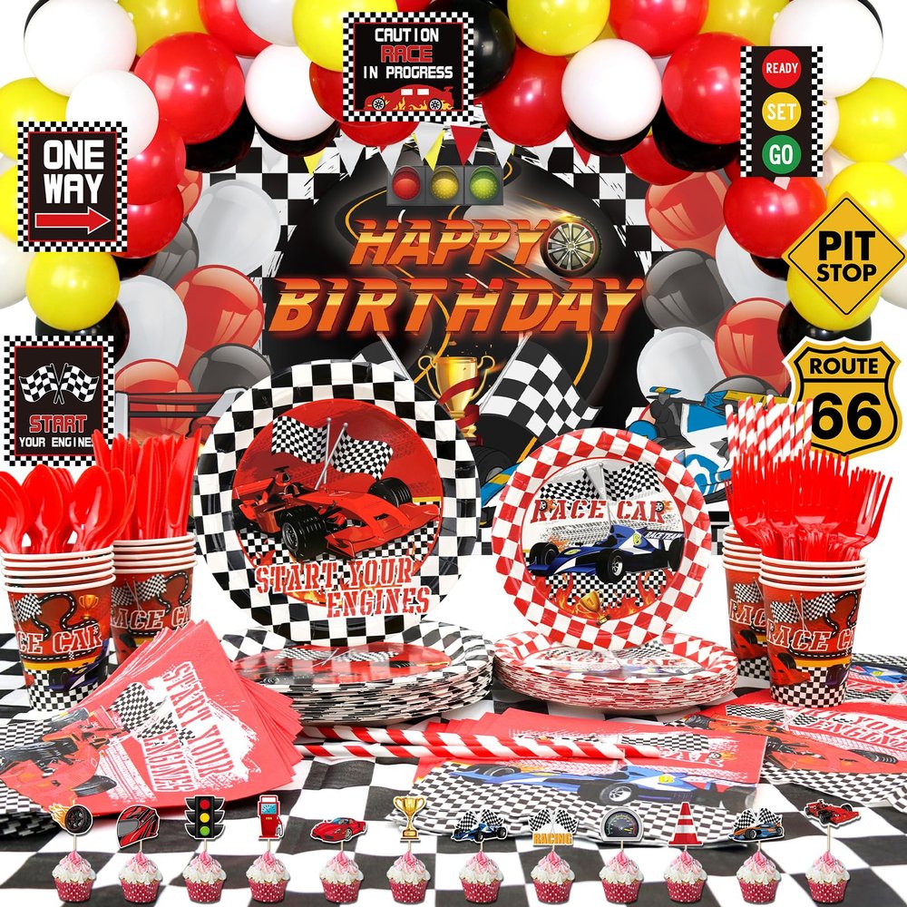 Race Car Birthday Party Decorations - Happy Birthday Racing Car Backdrop, Balloons, Tableware, Car Party Signs, Tableclothfor Kids Boys Let's Go Racing Party, Checkered Party Supplies, Serves 20