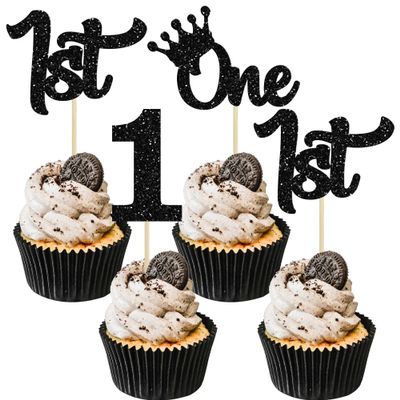 24Pcs 1st Birthday Cupcake Toppers Glitter First Birthday Cake Decorations One Cupcake Picks for Kids Baby Shower 1st Birthday Party Cake Decorations Supplies Black