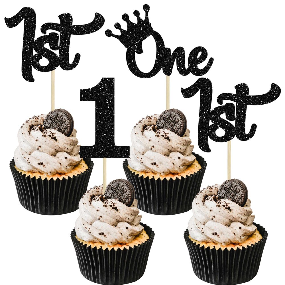 24Pcs 1st Birthday Cupcake Toppers Glitter First Birthday Cake Decorations One Cupcake Picks for Kids Baby Shower 1st Birthday Party Cake Decorations Supplies Black