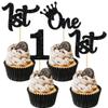 24Pcs 1st Birthday Cupcake Toppers Glitter First Birthday Cake Decorations One Cupcake Picks for Kids Baby Shower 1st Birthday Party Cake Decorations Supplies Black view 1