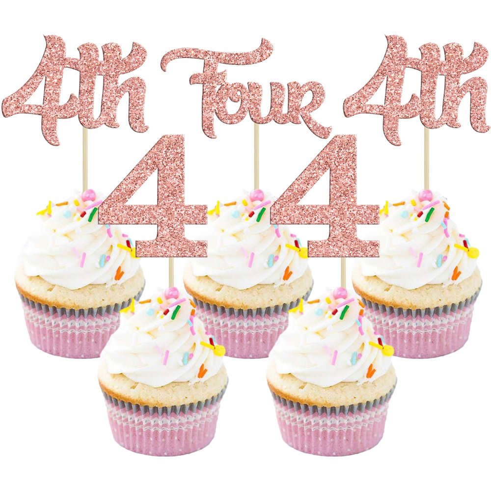24Pcs Four Cupcake Toppers Glitter 4th Birthday Cupcake Picks for Baby Shower Fourth Birthday Party Cake Decorations Supplies Rose Gold