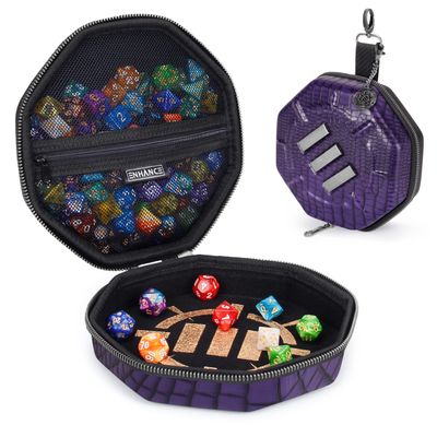 ENHANCE DND Dice Tray and Case - Collector's Edition DND Dice Holder up to 150 D&D Shakers with Hard Shell Exterior and Protective Soft Interior - Rolling Tray Perfect for Game Night (Dragon Purple)