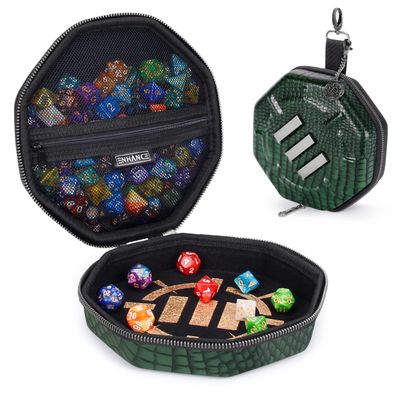 ENHANCE DND Dice Tray and Case - Collector's Edition DND Dice Holder up to 150 D&D Shakers with Hard Shell Exterior and Protective Soft Interior - Rolling Tray Perfect for Game Night (Dragon Green)
