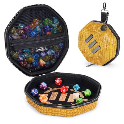ENHANCE DND Dice Tray and Case - Collector's Edition DND Dice Holder up to 150 D&D Shakers with Hard Shell Exterior and Protective Soft Interior - Rolling Tray Perfect for Game Night (Dragon Gold)
