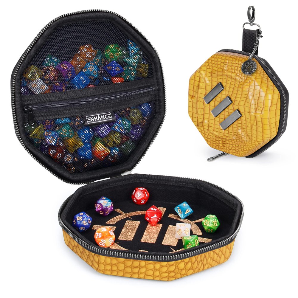 ENHANCE DND Dice Tray and Case - Collector's Edition DND Dice Holder up to 150 D&D Shakers with Hard Shell Exterior and Protective Soft Interior - Rolling Tray Perfect for Game Night (Dragon Gold)