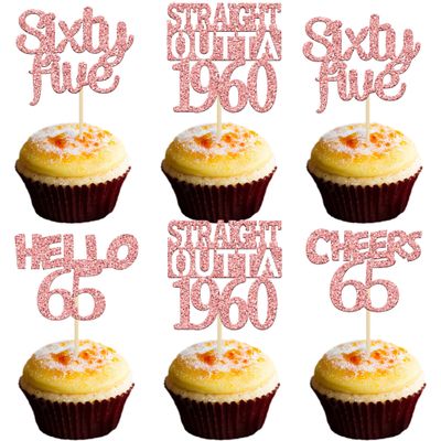 Gyufise 24 PCS Rose Gold 65 Cupcake Toppers Straight Outta 1960 Sixty Five Hello 65 Cheers to 65 Years Birthday Cupcake Picks 65th Birthday Anniversary Cake Decorations Supplies