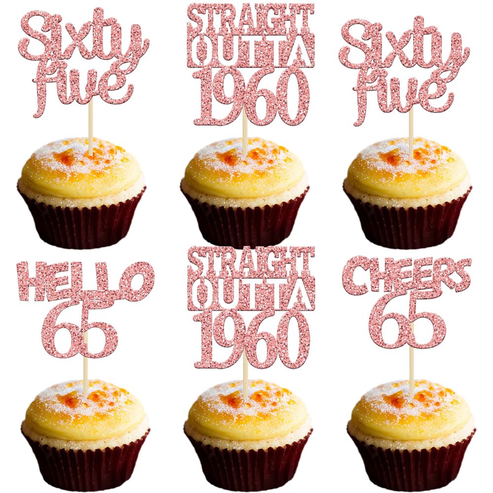 Gyufise 24 PCS Rose Gold 65 Cupcake Toppers Straight Outta 1960 Sixty Five Hello 65 Cheers to 65 Years Birthday Cupcake Picks 65th Birthday Anniversary Cake Decorations Supplies